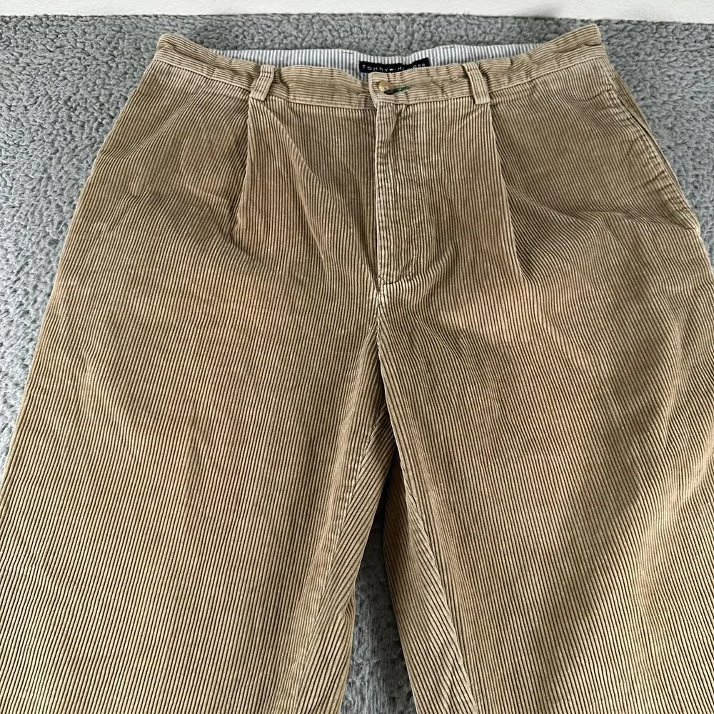 Vtg Tommy Hilfiger Corduroy Pants Mens 34x32 Beige Pleated Straight Chino Casual